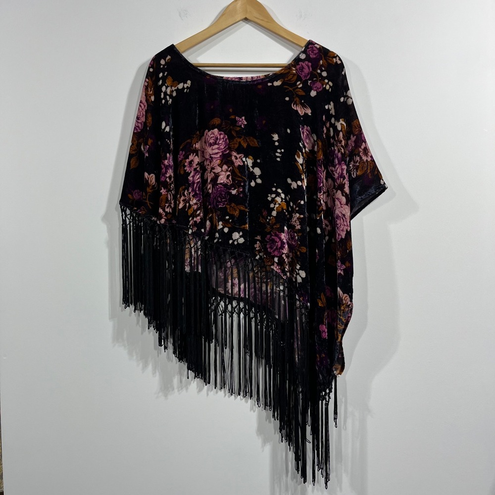 Saachi Anthropologie Womens Floral Velvet Fringe Poncho Top Boho Asymmetrical OS - Picture 2 of 12